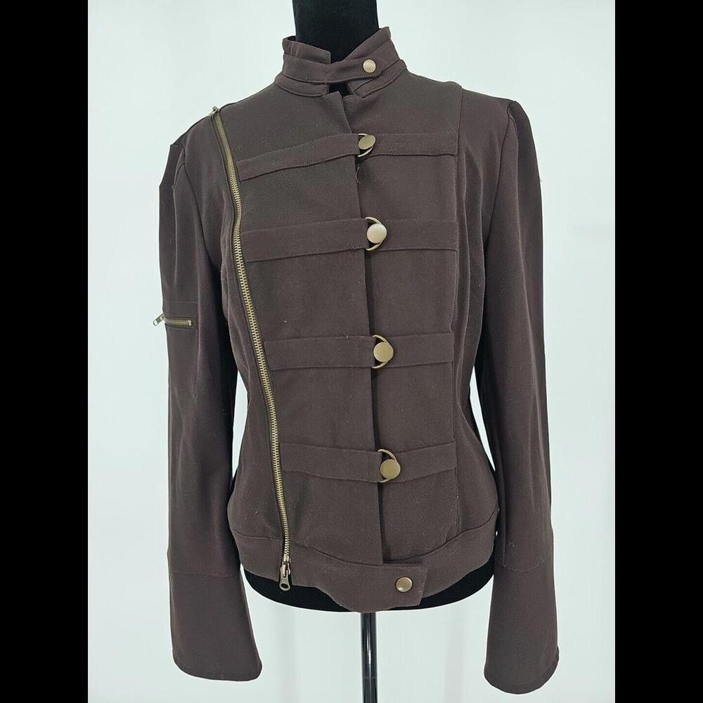 Walter Brown Womens Moto Jacket 12 Brown Gold Buttons Blazer Zipper Cuffs